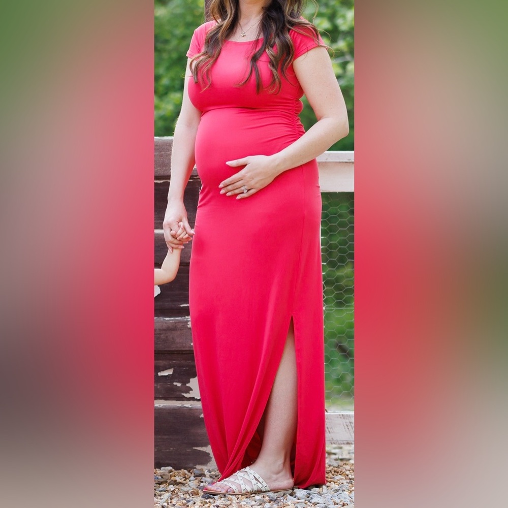 Coral Mother Bee Maternity Short Sleeve Bodycon Dress with Ruched Side Slit